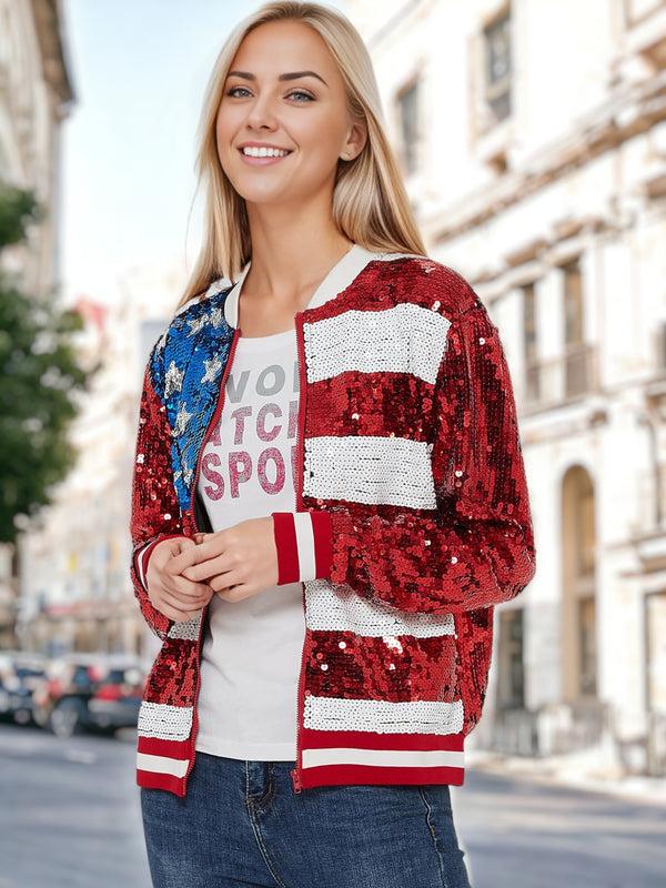 anna kaci Sequin American Flag Bomber Zip-Up Jacket Flag