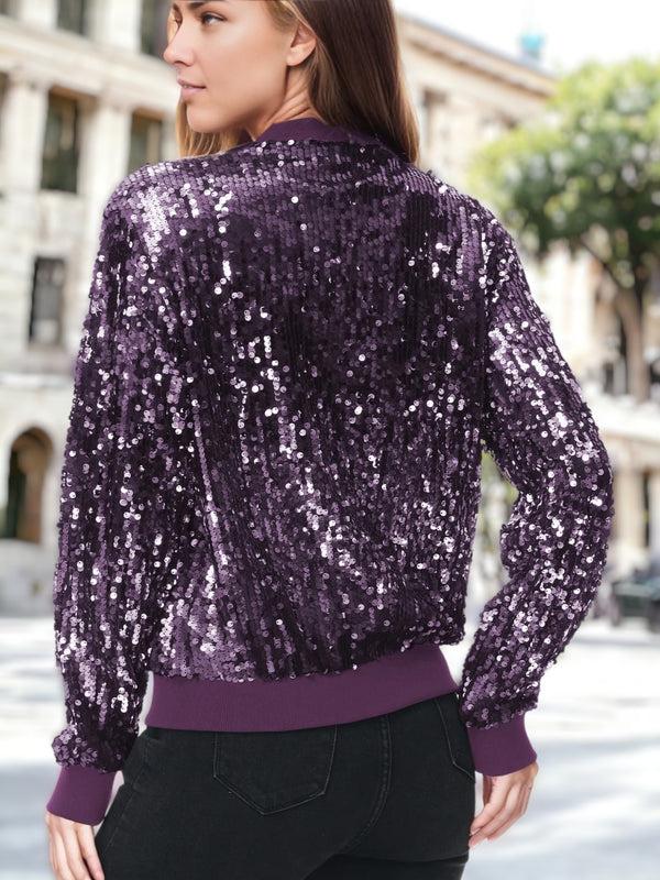 Anna Kaci Sequin Bright Color Bomber Zip-Up Solid Jacket