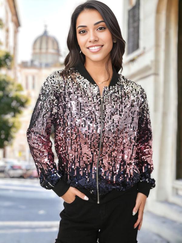 Anna Kaci Sequin Ombre Sparkle Bomber Zip-Up Jacket