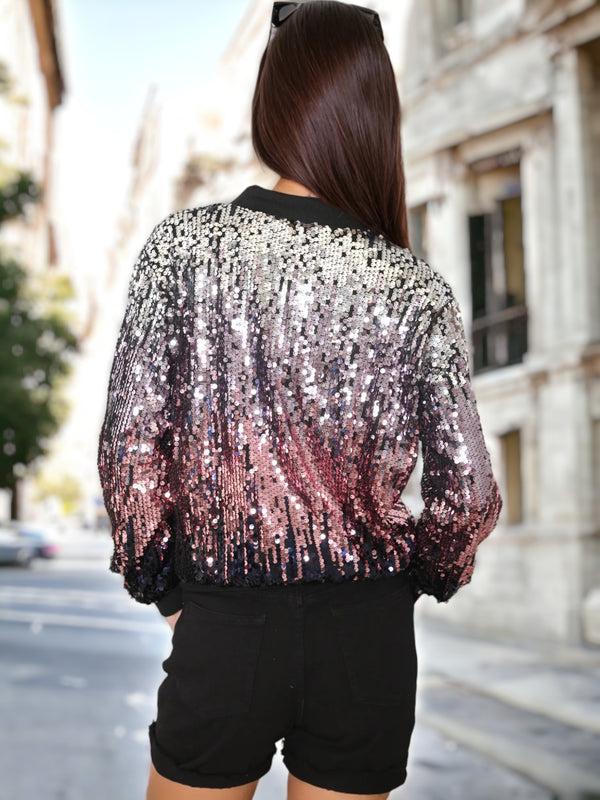 Anna Kaci Sequin Ombre Sparkle Bomber Zip-Up Jacket