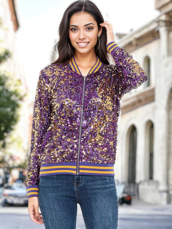 Anna Kaci Sequin Stripe Cuff Bomber Zip-Up Jacket Varsity