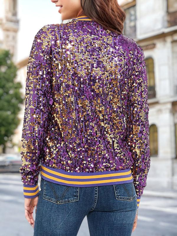 Anna Kaci Sequin Stripe Cuff Bomber Zip-Up Jacket Varsity