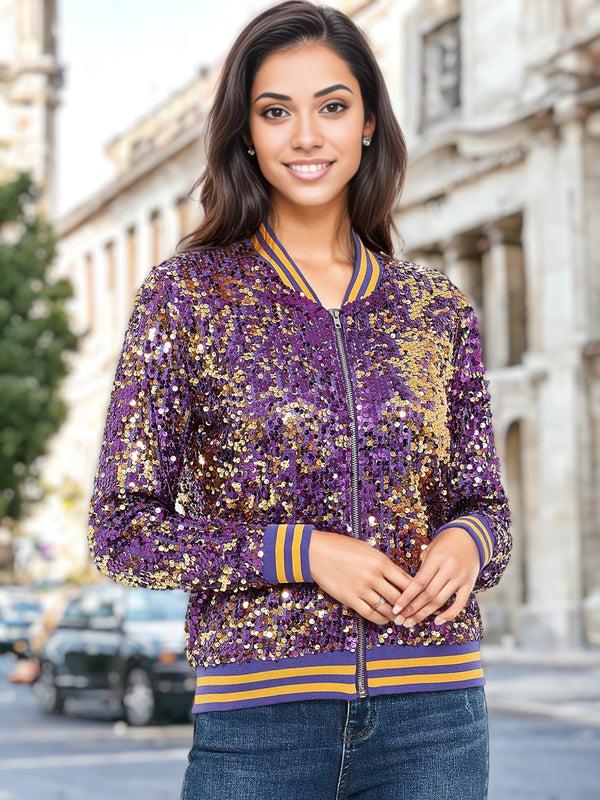 anna kaci Sequin Stripe Cuff Bomber Zip-Up Jacket Varsity