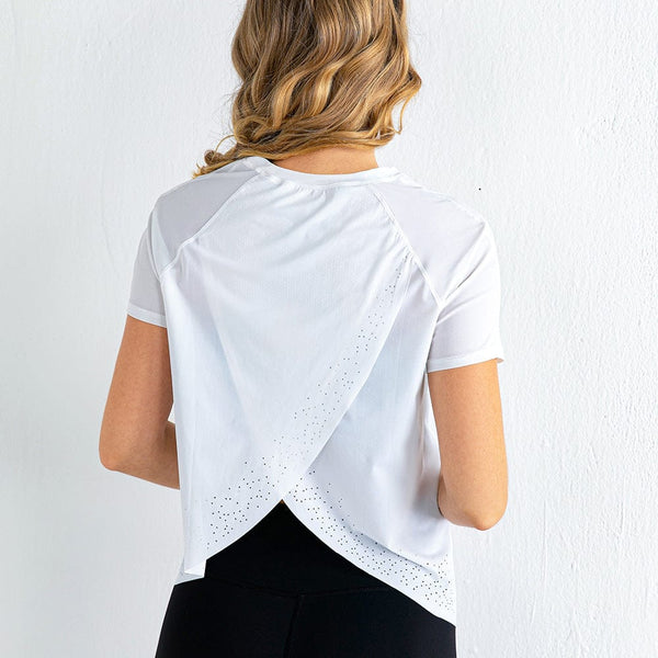 Anna Kaci Short Sleeve Tee Shirt With Criss Cross Flap Back