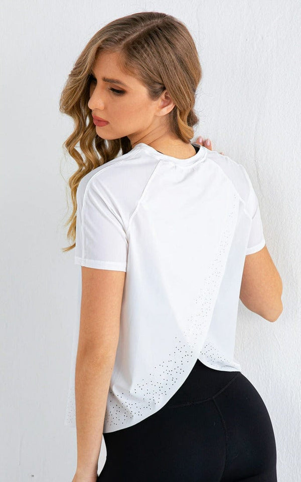 Anna Kaci Short Sleeve Tee Shirt With Criss Cross Flap Back