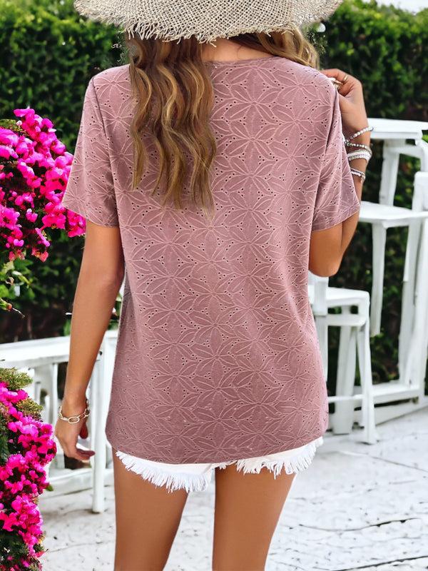 Anna Kaci Short Sleeved Pleated Front Eyelet T-shirt