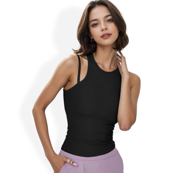 anna kaci Sleeveless Double Strap Racerback Tank Top with Ribbed Texture and Fitted Silhouette