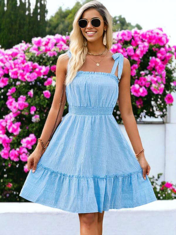 Anna Kaci Sleeveless Tie Shoulder Smocked Waist Ruffle Flared Dress
