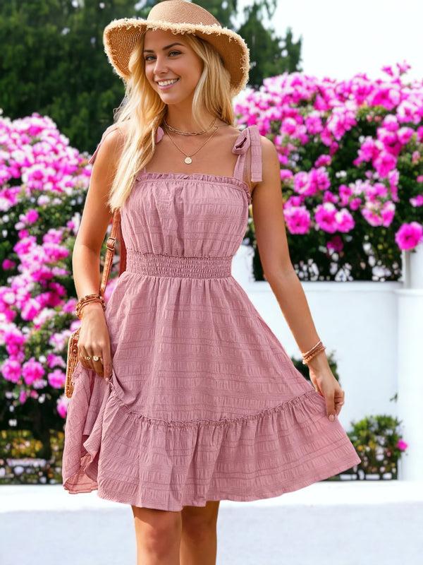 Anna Kaci Sleeveless Tie Shoulder Smocked Waist Ruffle Flared Dress