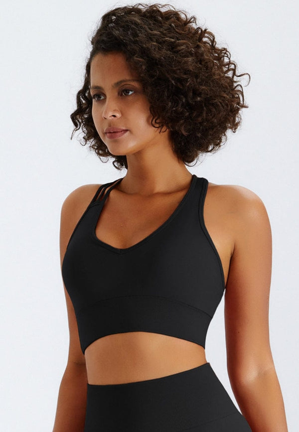 Anna Kaci Slit Strap Double Crossover Racerback Sports Bra