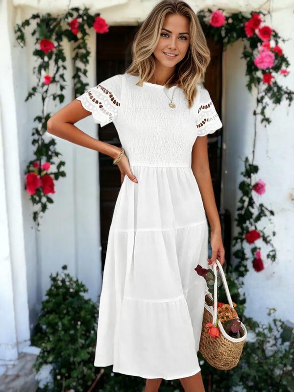 Anna Kaci Solid Color Hallow Eyelet Sleeve Tier Midi Dress