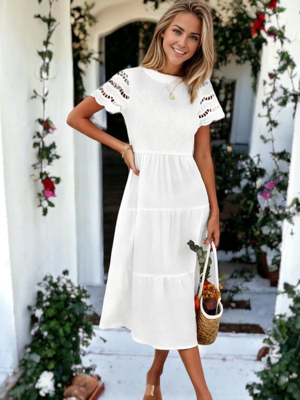 Anna Kaci Solid Color Hallow Eyelet Sleeve Tier Midi Dress