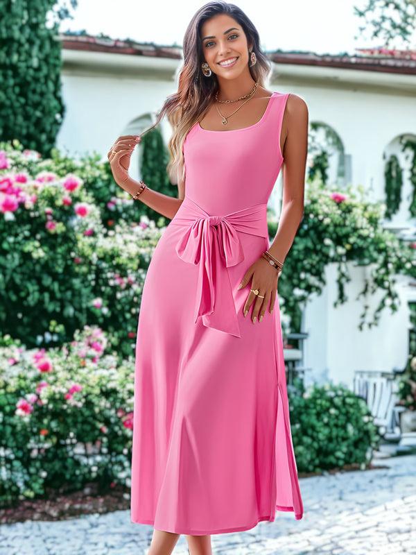 Anna Kaci Solid Color Square Neck Tie Belted Waist Midi Dress