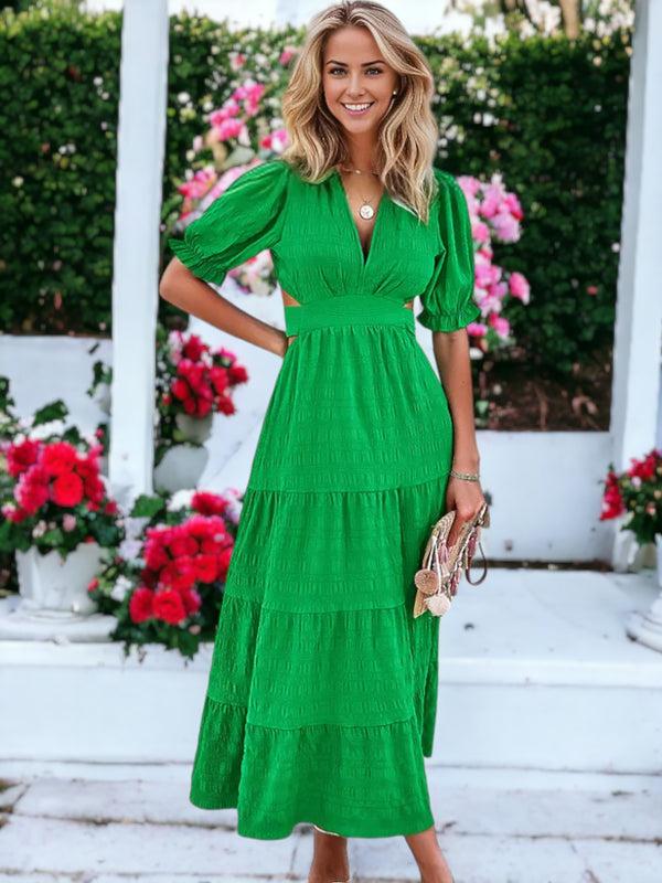 Anna Kaci Solid Color V-Neck Textured Puffed Sleeve Maxi Dress