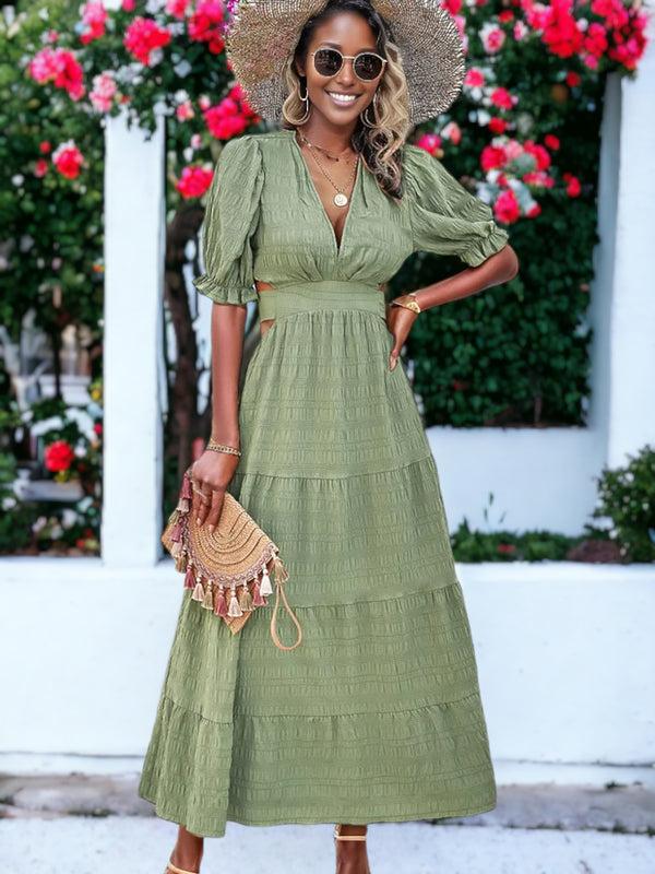 Anna Kaci Solid Color V-Neck Textured Puffed Sleeve Maxi Dress