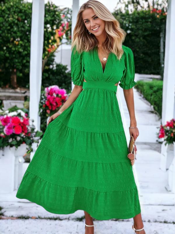 anna kaci Solid Color V-Neck Textured Puffed Sleeve Maxi Dress