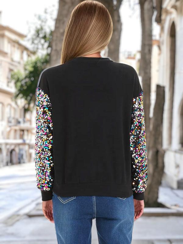 Anna Kaci Sparkle Sequin Tops Sweatshirt Long Lantern Sleeve Pullover