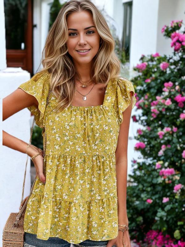 Anna Kaci Square Neck Ruffle Cap Sleeve Flower Printed Blouse