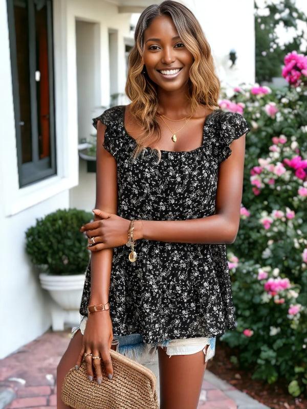 Anna Kaci Square Neck Ruffle Cap Sleeve Flower Printed Blouse