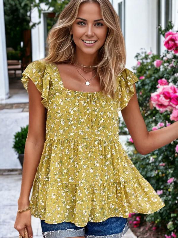 anna kaci Square Neck Ruffle Cap Sleeve Flower Printed Blouse