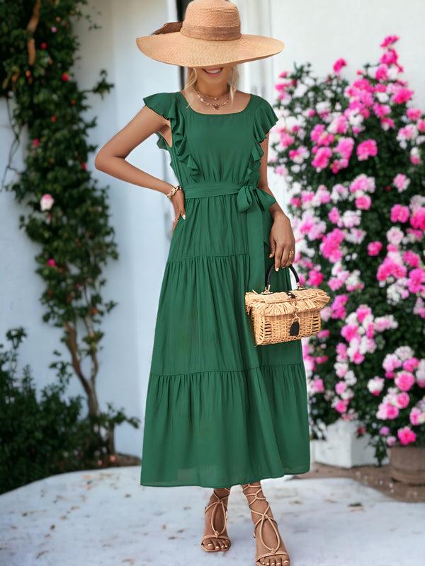 Anna Kaci Square Neck Ruffle Detail Belted Sleeveless Maxi Dress