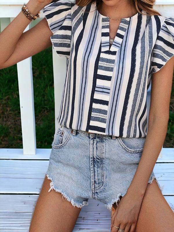 Anna Kaci Striped Notched Collar And Ruffle Sleeved Shirt