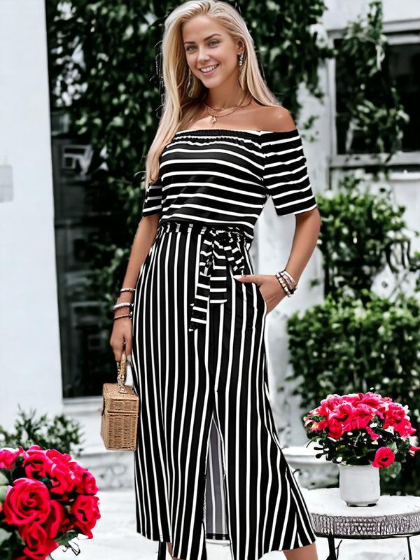 Anna Kaci Striped Slit Off-Shoulder Tie-Waist Midi Dress