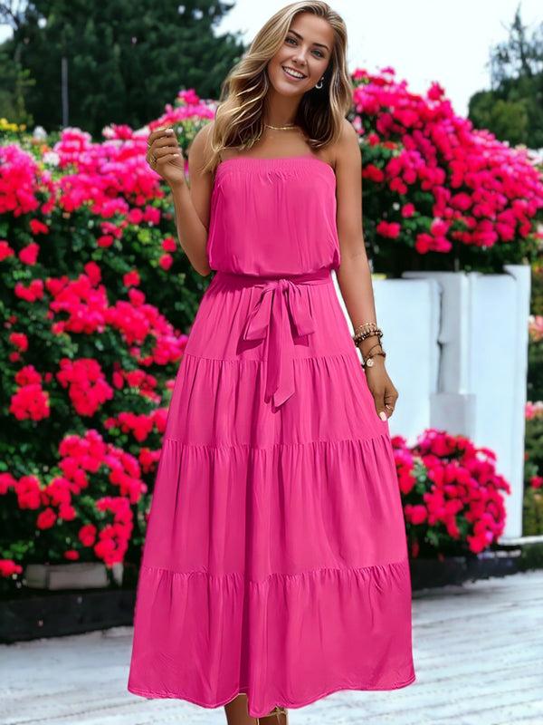 Anna Kaci Summer Long Strapless Waist Tie Long Ruffle Dress