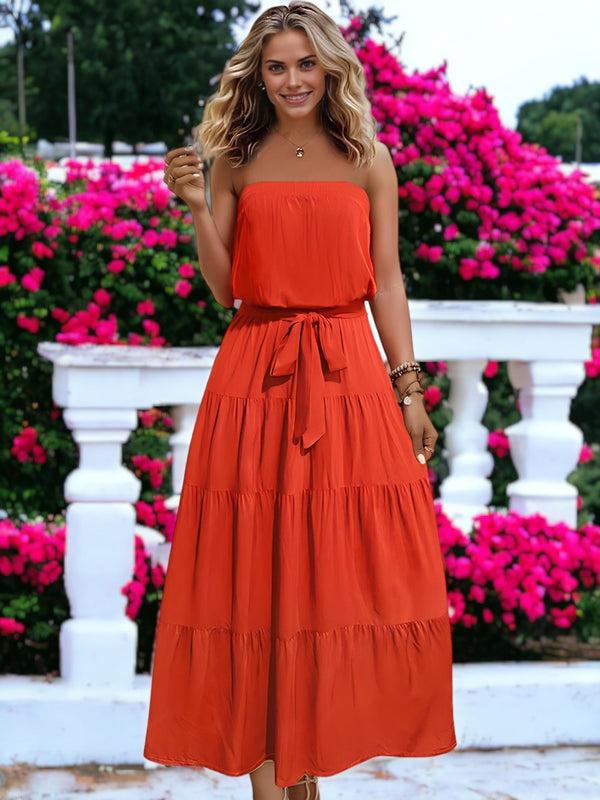 anna kaci Summer Long Strapless Waist Tie Long Ruffle Dress