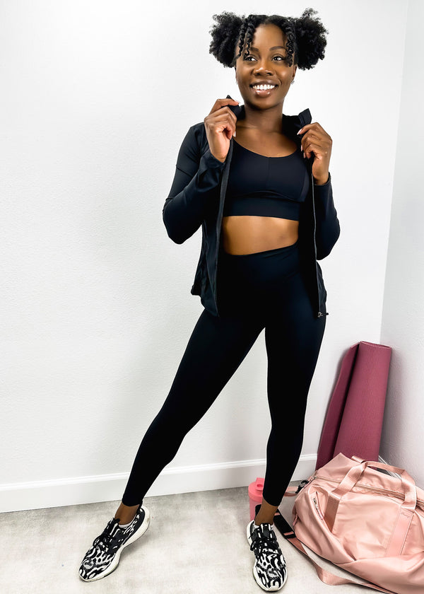 Anna Kaci Three-Piece Hooded Zip Jacket Sports Bra And High-Rise Leggings Set