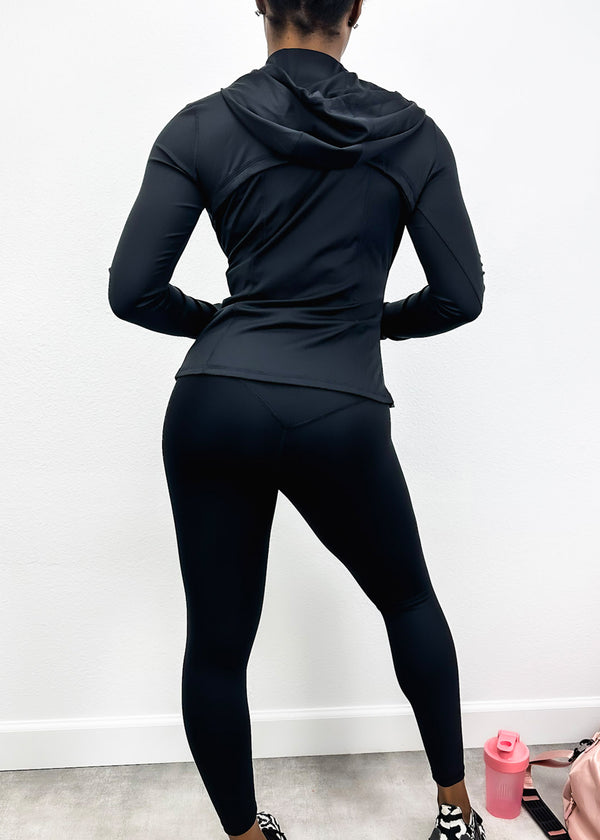 Anna Kaci Three-Piece Hooded Zip Jacket Sports Bra And High-Rise Leggings Set