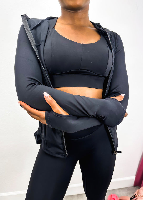 Anna Kaci Three-Piece Hooded Zip Jacket Sports Bra And High-Rise Leggings Set