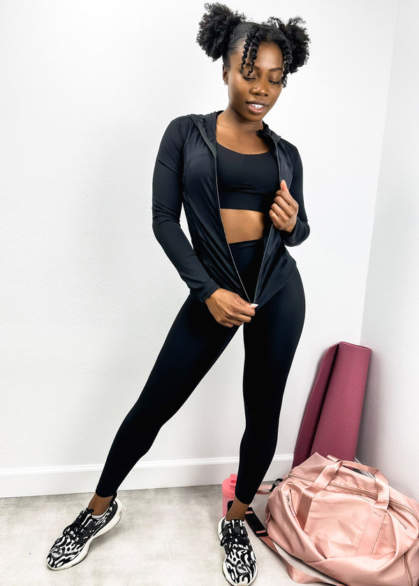 anna kaci Three-Piece Hooded Zip Jacket Sports Bra and High-Rise Leggings Set