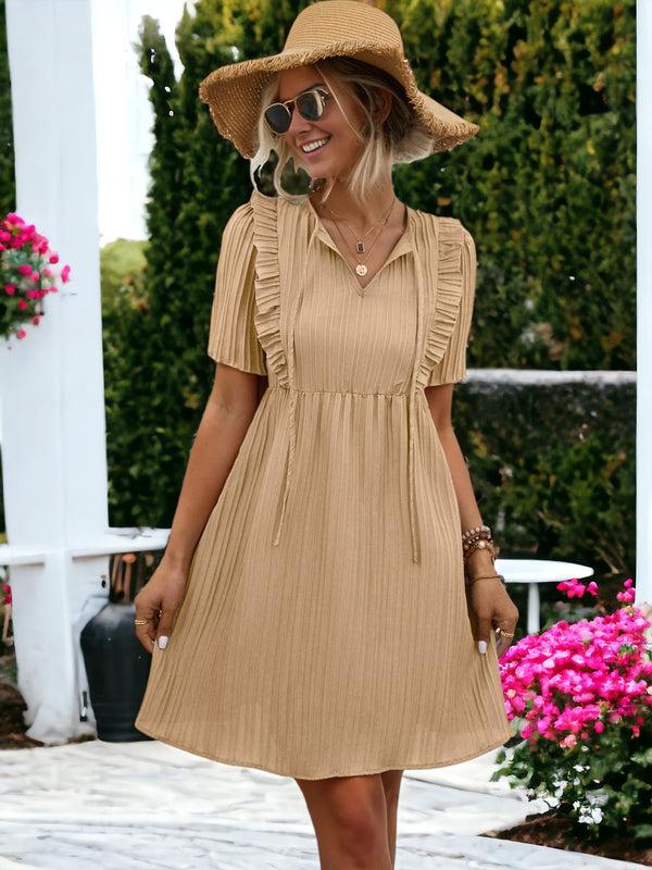 Anna Kaci Tie Neck Short Sleeved Pleated Textured Mini Dress