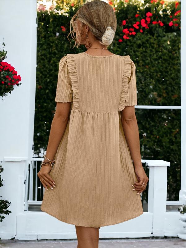 Anna Kaci Tie Neck Short Sleeved Pleated Textured Mini Dress