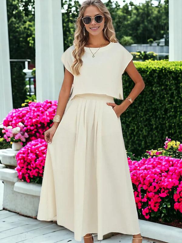 Anna Kaci Two Piece Set Casual Short Sleeved Crop Top And Long Skirt