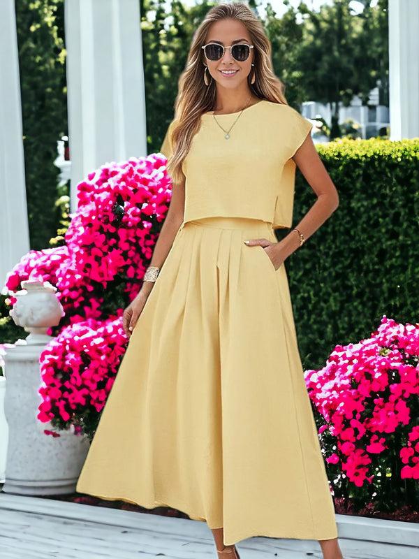 anna kaci Two Piece Set Casual Short Sleeved Crop Top And Long Skirt