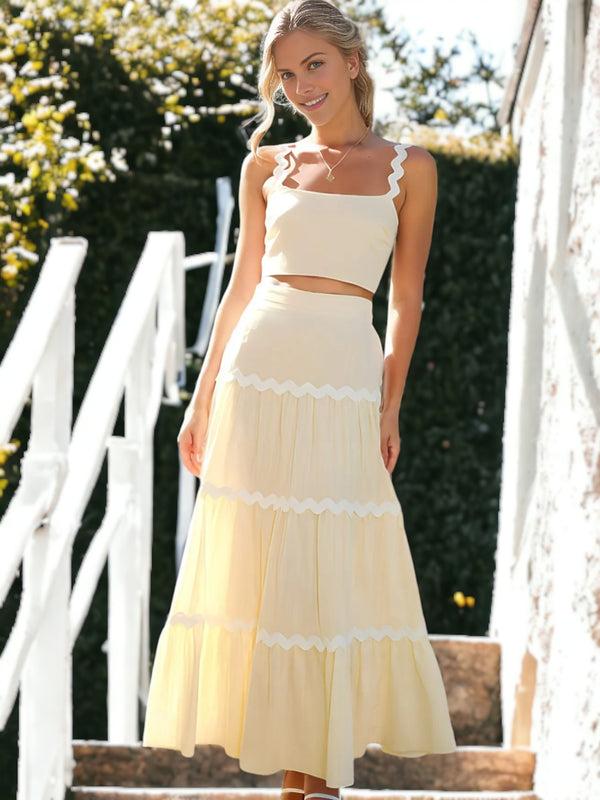 Anna Kaci Two Piece Set Long Ruffle Skirt With Ripple Strapped Cropped Top