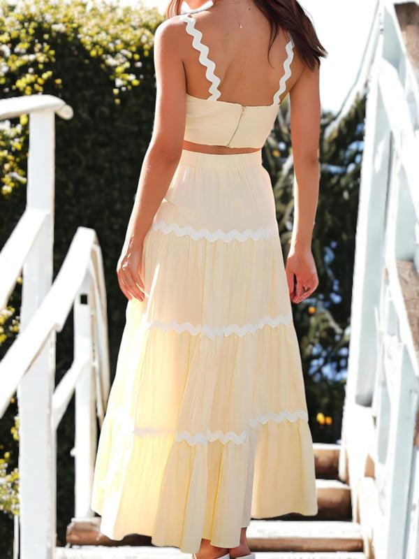 Anna Kaci Two Piece Set Long Ruffle Skirt With Ripple Strapped Cropped Top