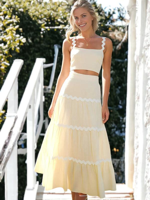 anna kaci Two Piece Set Long Ruffle Skirt With Ripple Strapped Cropped Top