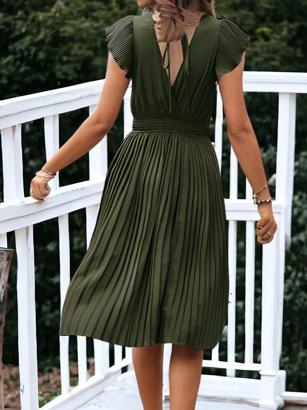 Anna Kaci V-Neck And Smock Waisted Pleated Midi Dress