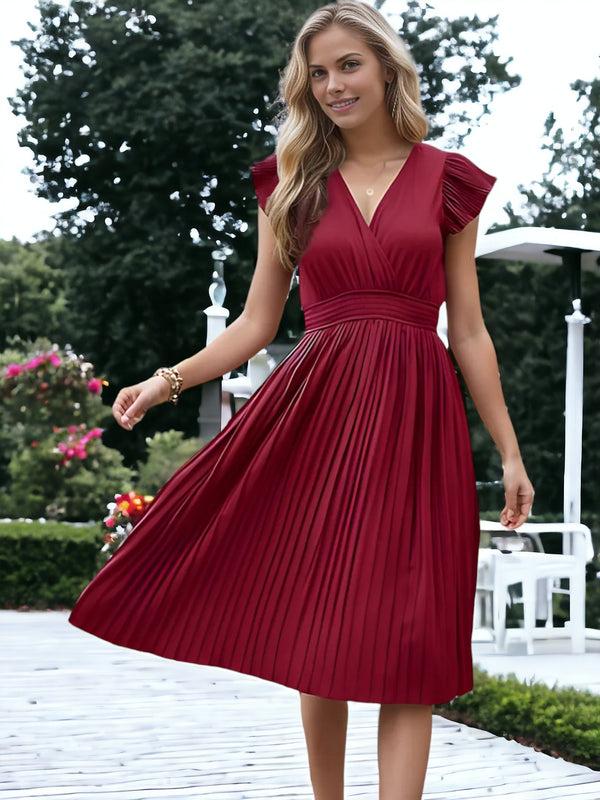 Anna Kaci V-Neck And Smock Waisted Pleated Midi Dress With Ruffle Sleeve