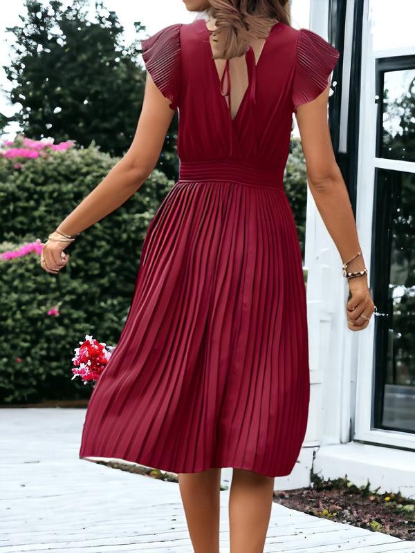 Anna Kaci V-Neck And Smock Waisted Pleated Midi Dress With Ruffle Sleeve