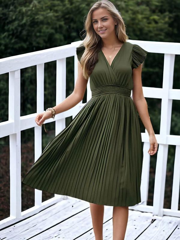 anna kaci V-Neck And Smock Waisted Pleated Midi Dress