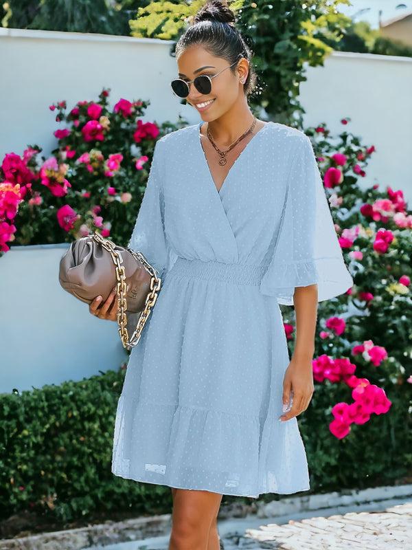 Anna Kaci V Neck Bell Sleeve Swiss Dot A-Line Elastic Waist Ruffle Hem Short Dress