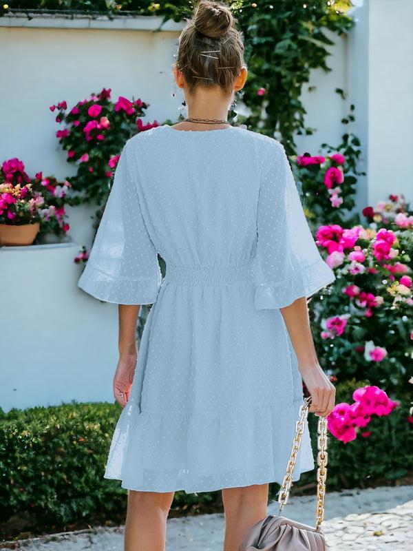 Anna Kaci V Neck Bell Sleeve Swiss Dot A-Line Elastic Waist Ruffle Hem Short Dress