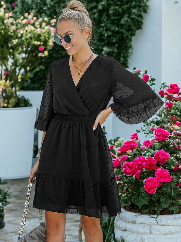 Anna Kaci V Neck Bell Sleeve Swiss Dot A-Line Elastic Waist Ruffle Hem Short Dress