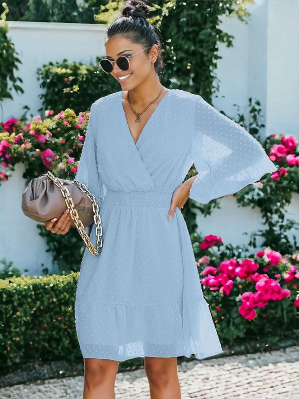 anna kaci V Neck Bell Sleeve Swiss Dot A-Line Elastic Waist Ruffle Hem Short Dress