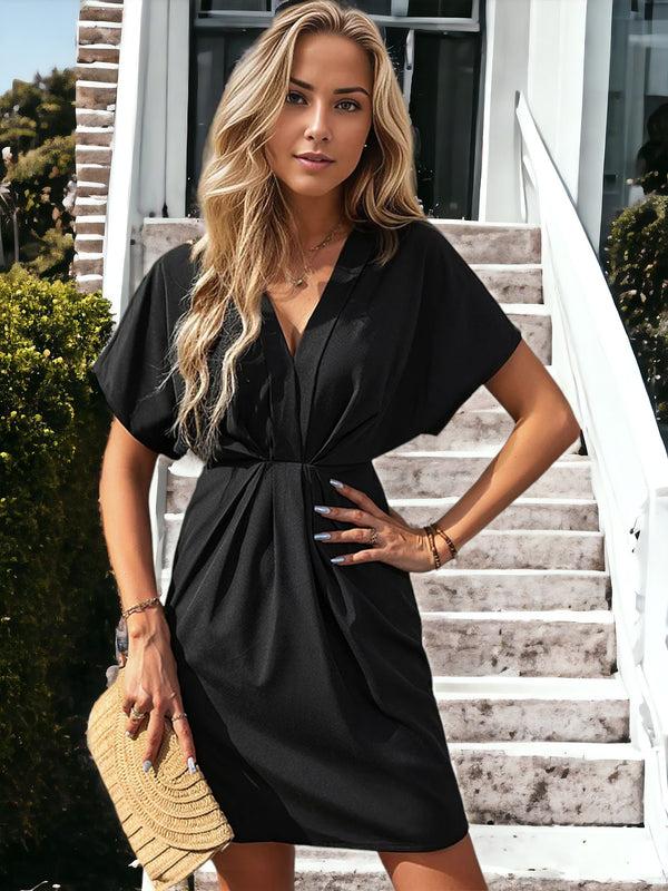 anna kaci V-Neck Crutched Front Batwing Sleeve Mini Dress