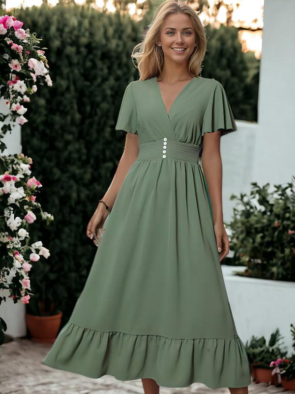 Anna Kaci V-Neck Flared Ruffle Sleeve Button Detail Dress